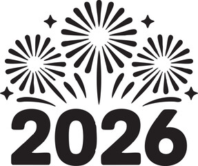 Minimal New Year 2026 design, bold black lines, solid shapes, no gradients, clean vector style, centered layout for T-shirt or hoodie print, white background, simple modern festive theme