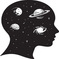Stylized black silhouette of a human head filled with celestial elements including planets, stars, a moon, galaxy, and comet. The inner space evokes the vastness of thought and imagination, symbolizin