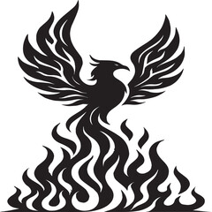 Stylized black silhouette of a phoenix rising from intricately designed flames, with wings spread and head turned to the right. The flame-like feathers blend into the bird’s form, symbolizing rebirth,