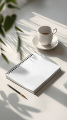 Calm morning workspace with coffee cup, spiral weekly planner and pen on sunlit desk with leaf shadow. Minimal home office scene for planning, schedule, productivity, freelance, blog, social, print.