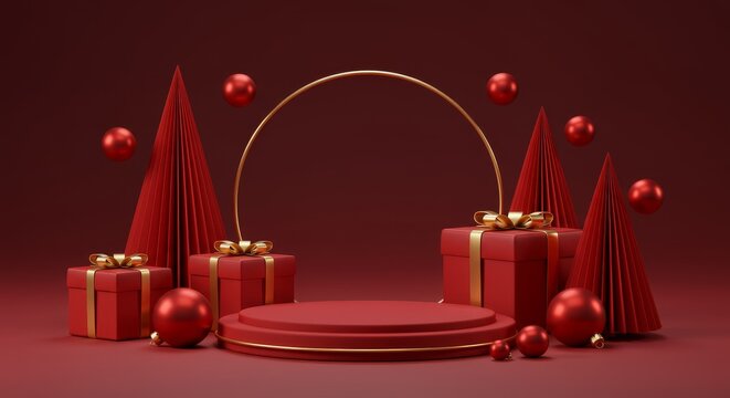 Red Christmas Pedestal Display. Luxurious 3D product podium surrounded by gift boxes, abstract trees, and golden ornaments on a deep maroon background.