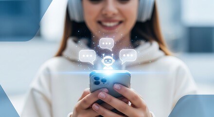 Naklejka premium Woman wearing headphones interacting with a chatbot on her smartphone, symbolizing ai communication and digital assistance