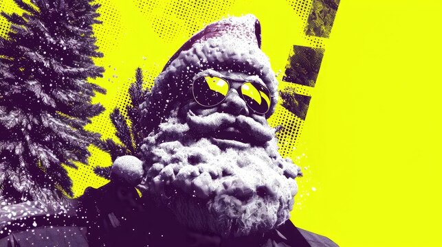 Bold pop portrait of Santa in halftone texture, black frame sunglasses with yellow lens reflecting pine tree. High contrast neon mood, retro grunge vibe for poster, banner, ad, holiday brand, campaign