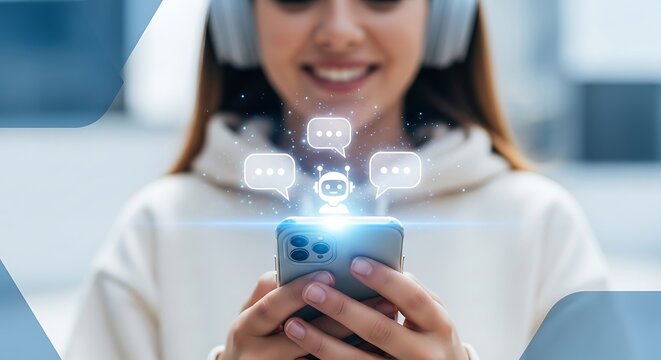 Woman wearing headphones interacting with a chatbot on her smartphone, symbolizing ai communication and digital assistance