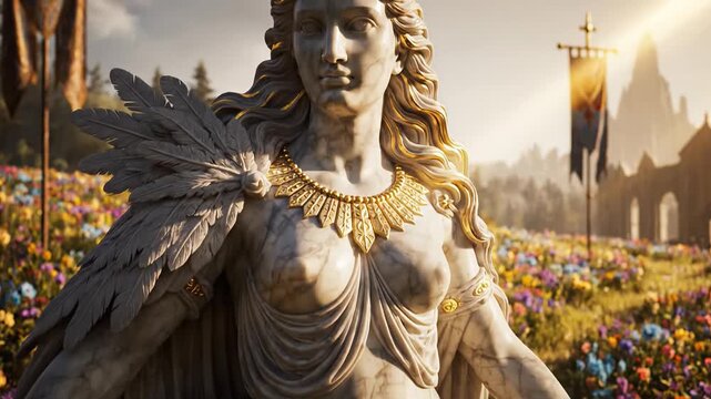 Marble statue of a mythological cat goddess with two felines in a flower meadow, draped robes and gold accents, sunlit outdoor scene evoking ancient Egyptian Bastet symbolism, close-up classical sculp