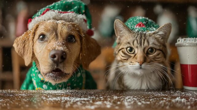 Dog and cat dressed as elves arguing over spilled coffee, comic Christmas chaos, funny holiday meme scene with playful festive mood and copy space