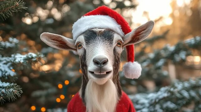 Goat with Santa beard and hat standing like a wise old man under Christmas tree, majestic and ridiculous at once, meme style,