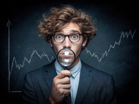 Curly-haired man in suit holding magnifying glass with surprised expression and financial graph background highlighting analysis and inquiry into business trends.