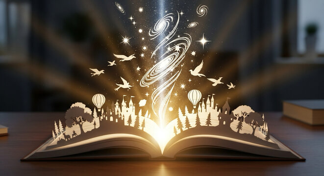 paper cut open book with magical light and stars rising from pages &mdash; imagination and creativity