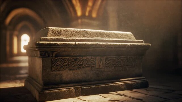 Ancient stone sarcophagus in a dimly lit historic hall, illuminated by warm sunlight, creating a mysterious and atmospheric archaeological scene.