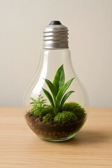 small terrarium ecosystem inside a glass lightbulb
