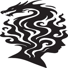 Stylized black silhouette artwork blending a human profile with a dragon's head. The swirling hair transforms into the dragon, symbolizing transformation, imagination, and inner strength. Ideal for fa