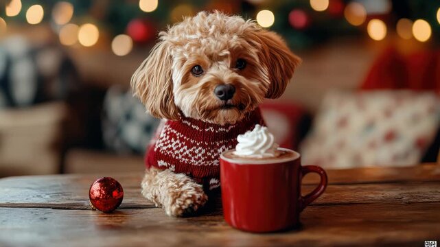 Funny dog in Christmas sweater sitting at caf&eacute; table with hot chocolate and whipped cream on nose, cozy background, playful holiday meme scene, copy space