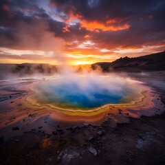 Fototapeta premium Vibrant geothermal hot spring with steaming water against a dramatic sunset sky