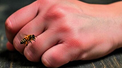 Video, illustration of a hand stung by a bee becoming swollen and red, for education, health, stinging animals, 4K