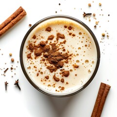 Aerial view of a glass with a creamy beverage topped with spices and cinnamon sticks nearby