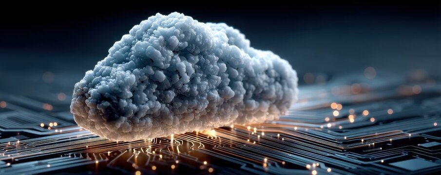 Cloud computing concept illustrated by a frosted blue cloud on a circuit board with glowing connections