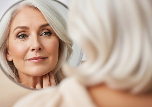 Mature woman with gray hair looking at her reflection in a mirror image photo