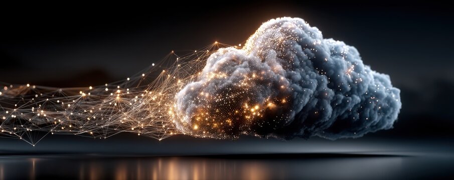 Futuristic cloud data network with glowing particles and digital connections in a dark scene
