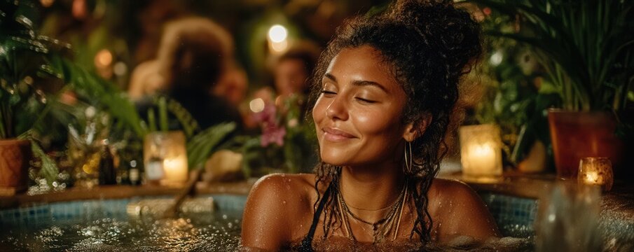 Relaxed woman enjoying a candlelit night in a pool with a warm, tranquil glow - Powered by Adobe