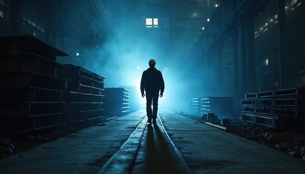 Pro industrial worker walks through dark steel factory interior. Man wears yellow hard hat, silhouetted by bright blue light. Metal stacks line long warehouse floor. Engineer oversees heavy