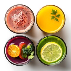 Aerial view of four glasses filled with colorful smoothies and fruit garnishes placed