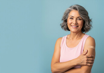 Smiling older woman with gray hair and vaccination band-aid adult aged