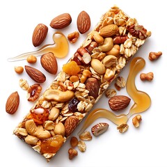 Close up of a granola bar with nuts and honey drizzled around it on a light surface