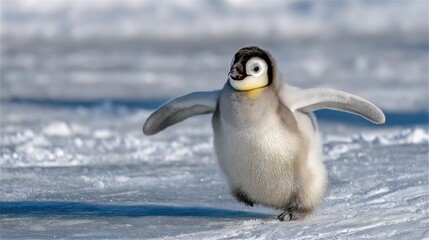 Fototapeta premium A young penguin moves energetically on a frozen surface, flapping its wings and displaying curiosity, surrounded by a chilly setting