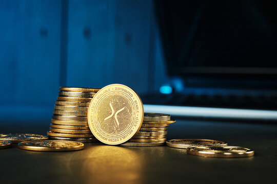 XRP Cryptocurrency Coins Displayed on a Table in a Modern Setting With Blue Lighting