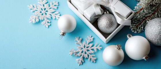 Beautiful decorations with shiny ornaments and delicate snowflakes create a shimmering background that enhances the holiday spirit