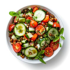 Aerial view of a bowl filled with a fresh salad containing tomatoes and cucumbers