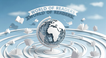 paper cut globe surrounded by flying books — world of readers