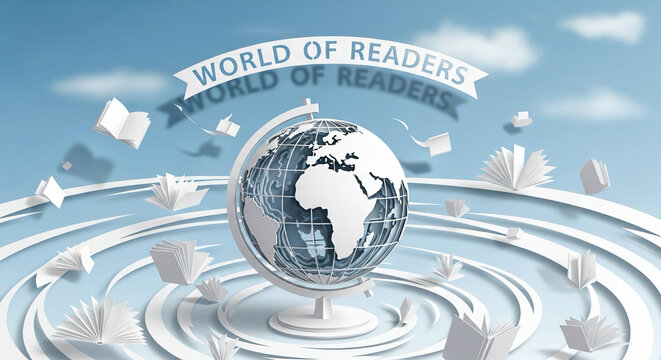 paper cut globe surrounded by flying books — world of readers