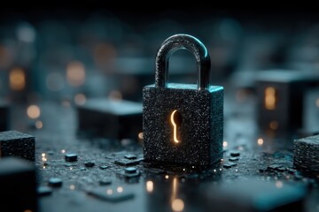 Open glitter padlock in a digital, futuristic scene symbolizing cyber security and protection