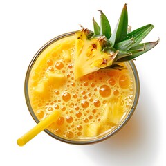 Aerial view of a glass filled with yellow liquid and fruit with a straw and leaves