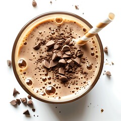 Overhead view of a beverage with a straw and pieces of confectionary topping it