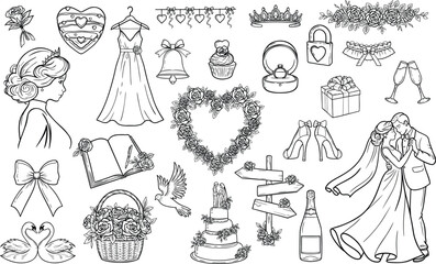 Wedding hand drawn design elements isolated on white background.