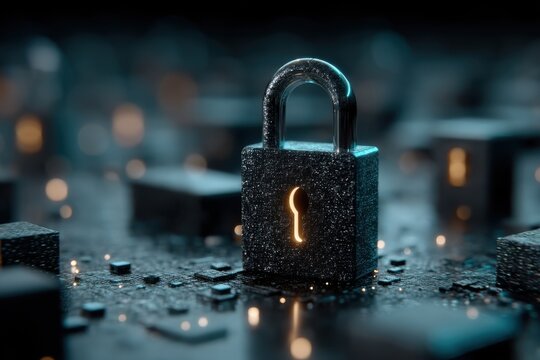 Open glitter padlock in a digital, futuristic scene symbolizing cyber security and protection