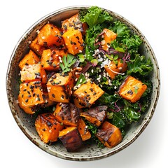 Aerial view of bowl with roasted sweet potato cubes and kale salad with seeds garnish