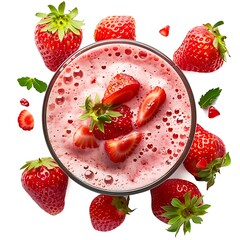 Aerial view of strawberry smoothie in glass surrounded by fresh strawberries and mint leaves