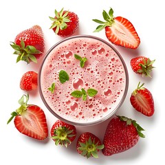 Top view of strawberry smoothie in glass with fresh strawberries and mint leaves around