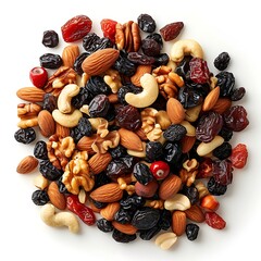 Assortment of almonds cashews walnuts and dried fruits displayed from above view