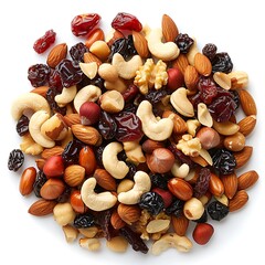 A diverse assortment of mixed nuts and dried fruits presented in a heap formation