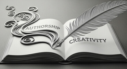 paper cut quill pen writing across an open book — authorship and creativity