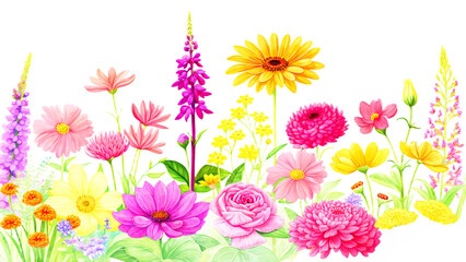 Beautiful spring vector illustration of a bouquet of pink and purple daisy flowers in full bloom white background