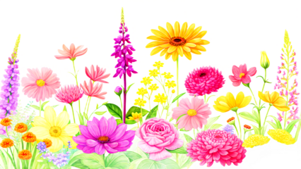 Beautiful spring vector illustration of a bouquet of pink and purple daisy flowers in full bloom white background