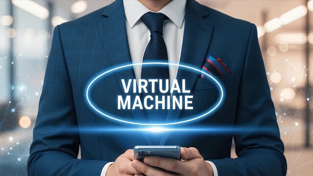 Businessman Holding Phone, Virtual Machine Technology Concept
