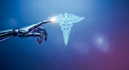 Robotic hand touching a glowing caduceus symbol. Artificial intelligence in healthcare concept for medical technology and innovation.