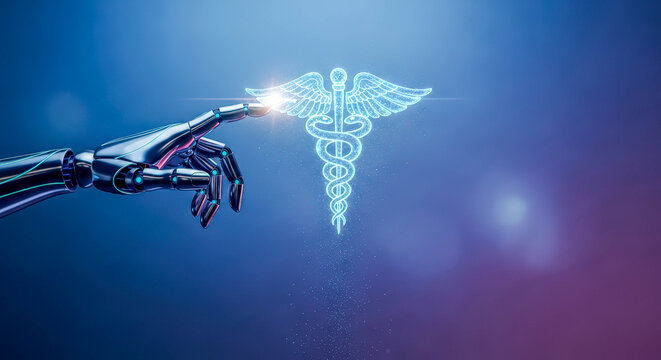 Robotic hand touching a glowing caduceus symbol. Artificial intelligence in healthcare concept for medical technology and innovation.